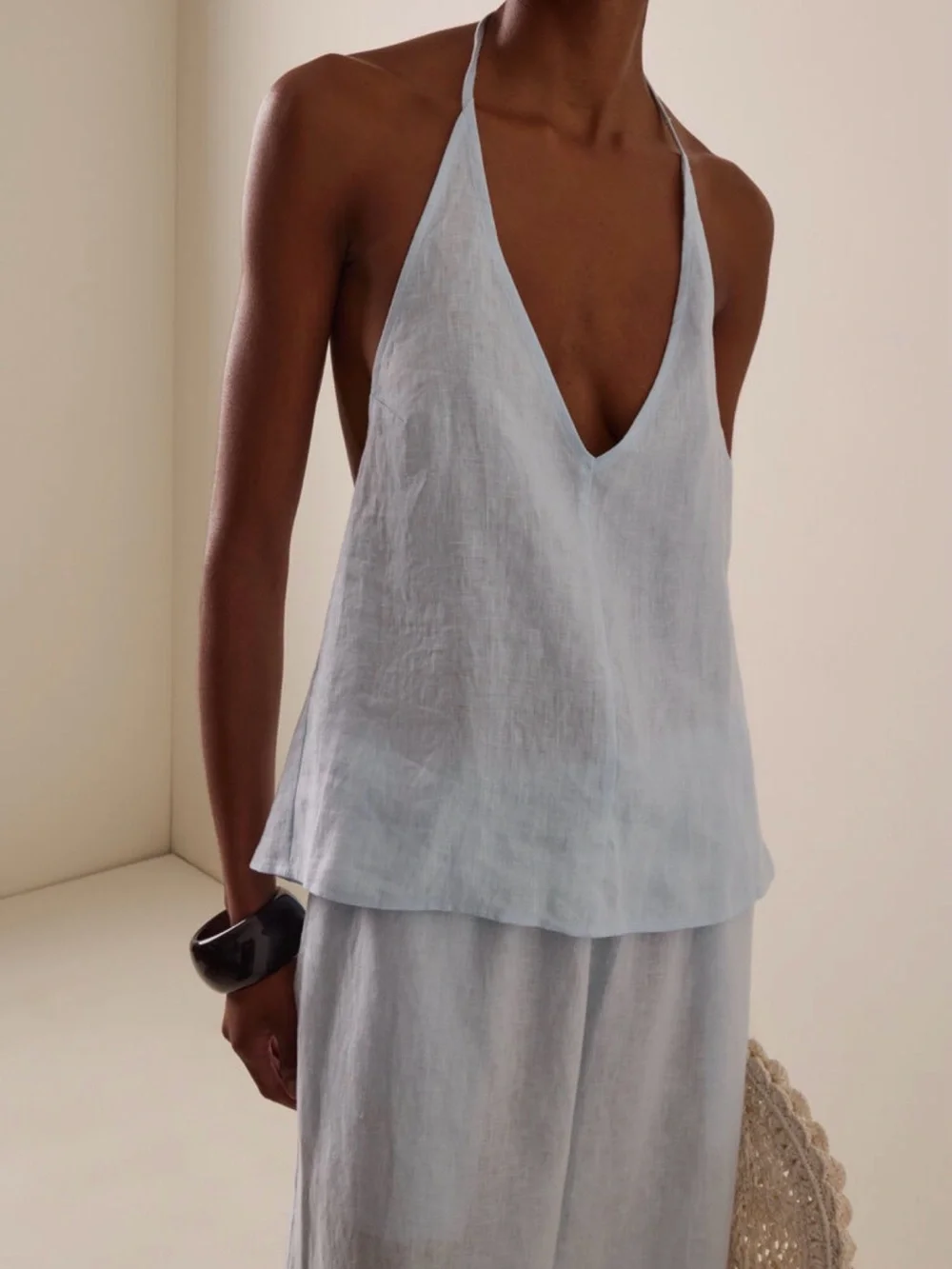 ELCE Lilou Linen Halter Top - Light Blue - Picture 1 of 8